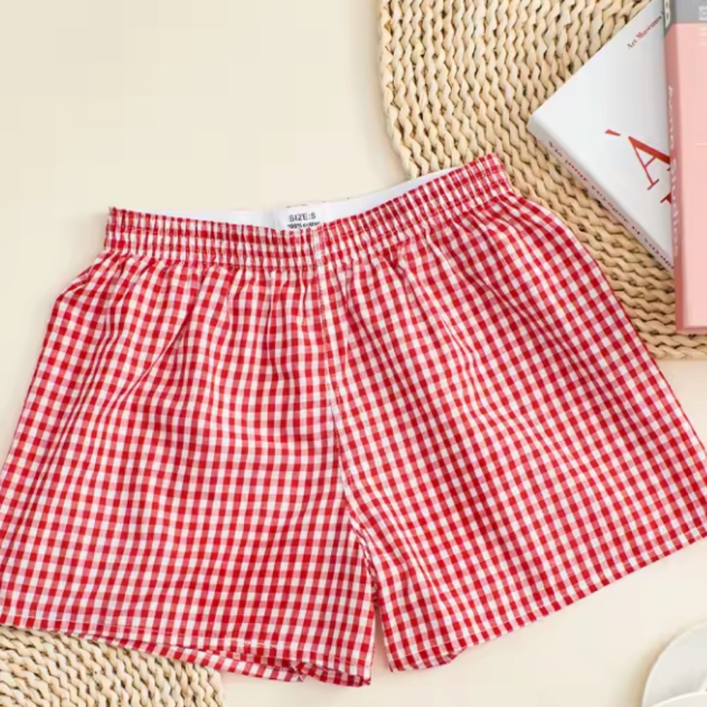 Red Cotton Plaid Shorts